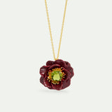 Pendant Necklace with Burgundy Anemone Flower and Green Faceted Stone