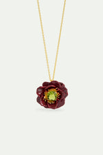 Pendant Necklace with Burgundy Anemone Flower and Green Faceted Stone