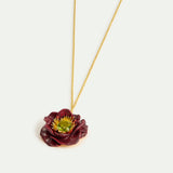 Pendant Necklace with Burgundy Anemone Flower and Green Faceted Stone