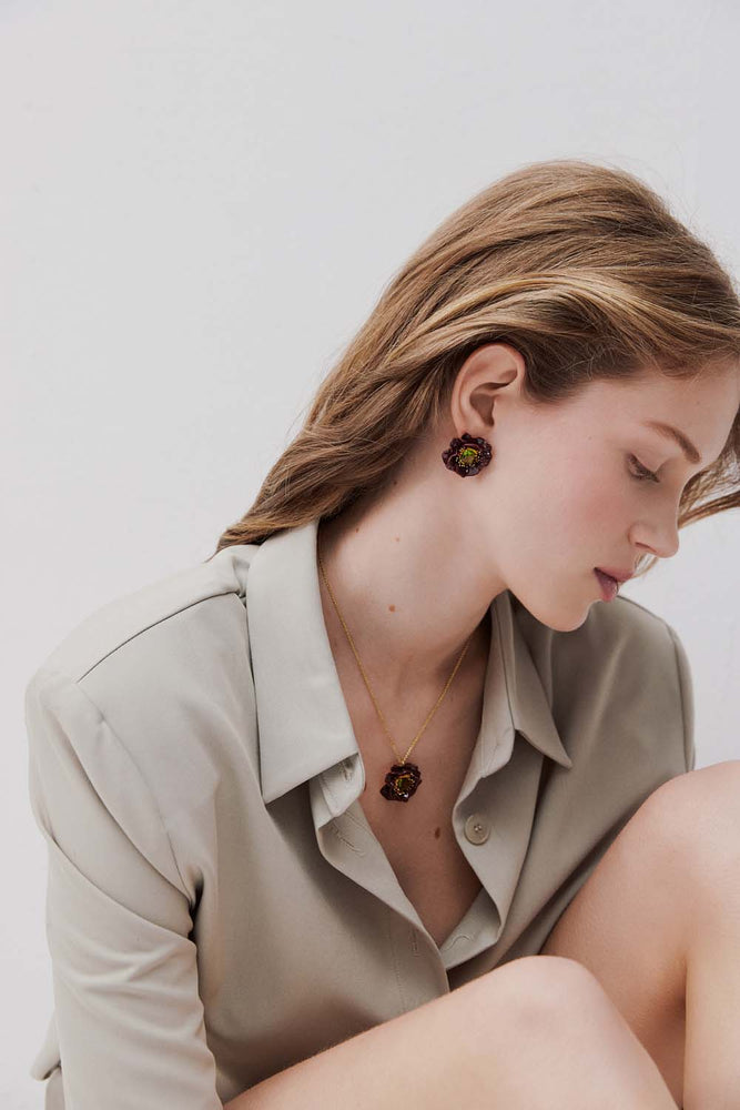 Burgundy Anemone Flower and Green Faceted Stone Post Earrings