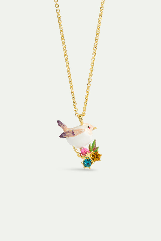 Pendant Necklace with Snow Bunting, Rosebuds and Crystals