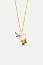 Pendant Necklace with Snow Bunting, Rosebuds and Crystals