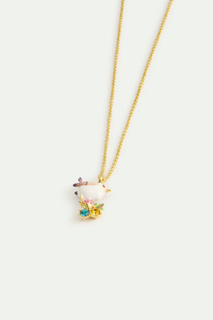 Pendant Necklace with Snow Bunting, Rosebuds and Crystals