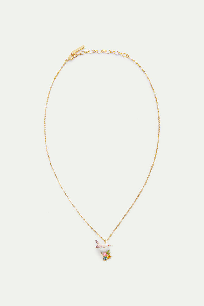 Pendant Necklace with Snow Bunting, Rosebuds and Crystals
