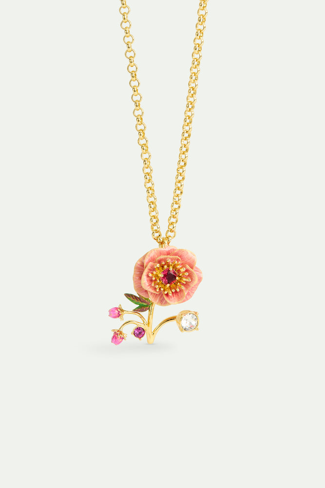 Pink Anemone, Rose Bud and Crystal Pendant Necklace