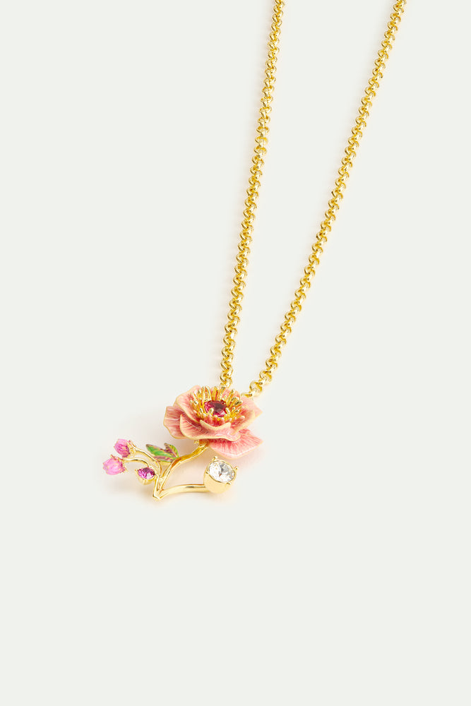 Pink Anemone, Rose Bud and Crystal Pendant Necklace
