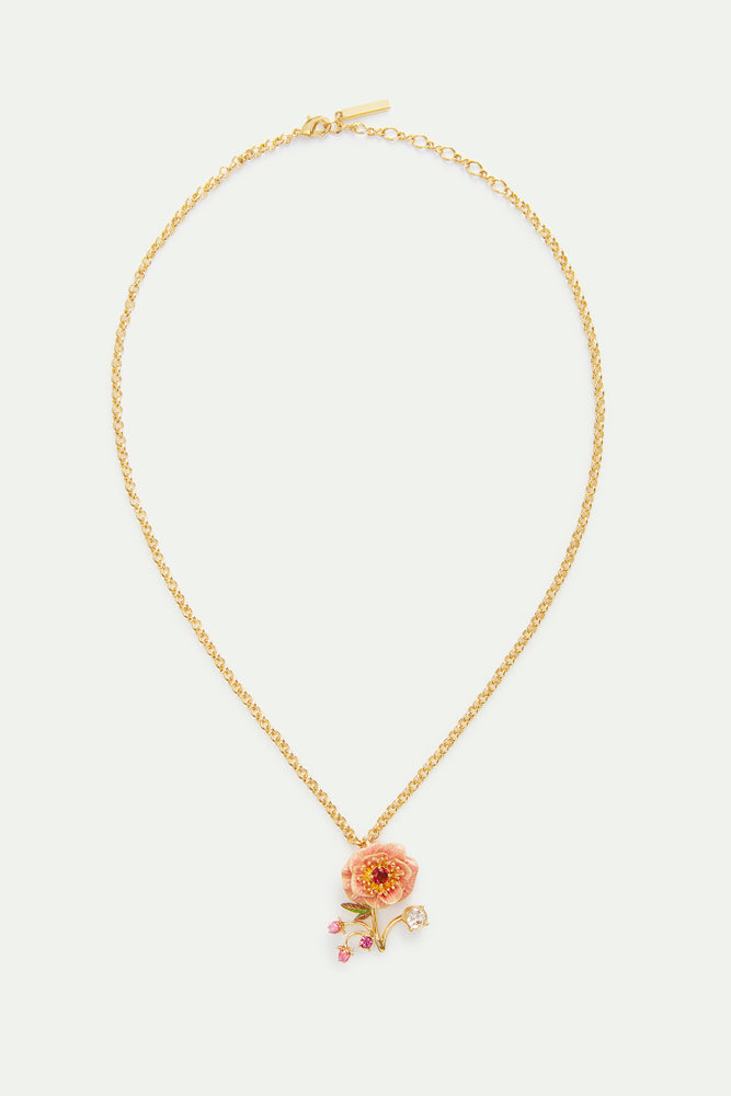 Pink Anemone, Rose Bud and Crystal Pendant Necklace