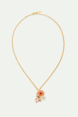 Pink Anemone, Rose Bud and Crystal Pendant Necklace