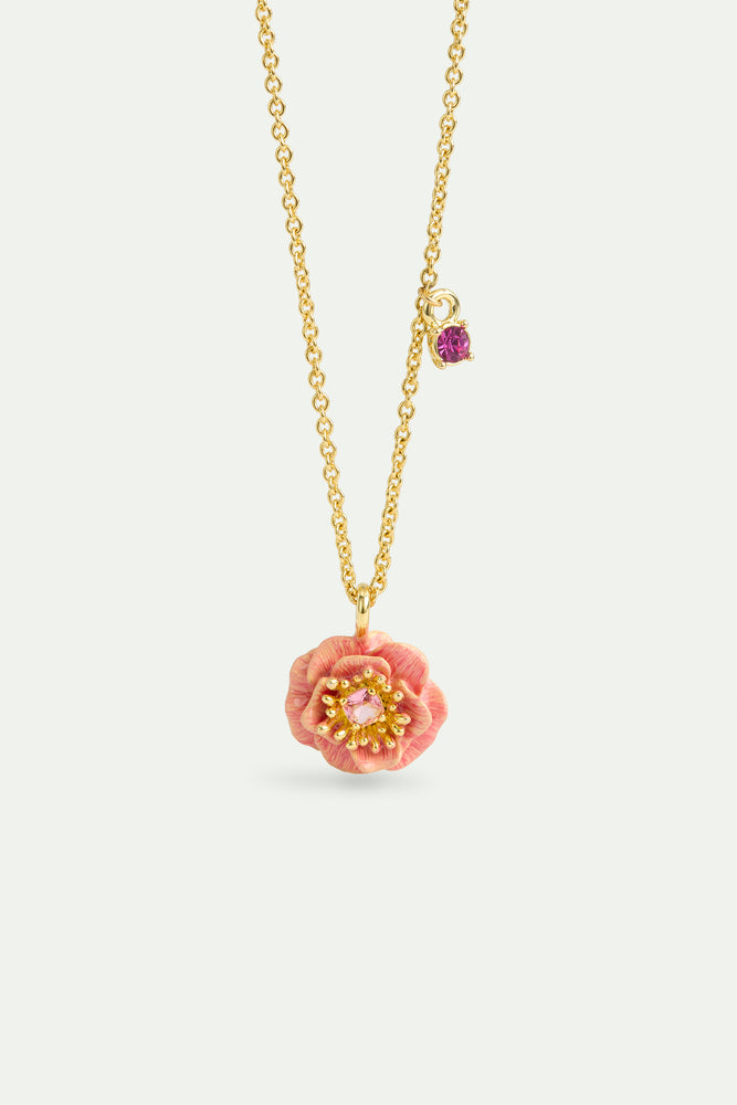Pink Anemone and Crystal Pendant Necklace