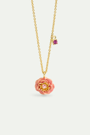 Pink Anemone and Crystal Pendant Necklace