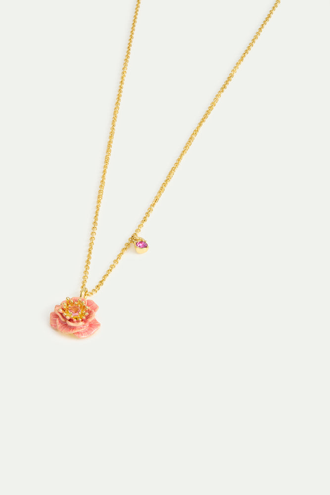 Pink Anemone and Crystal Pendant Necklace