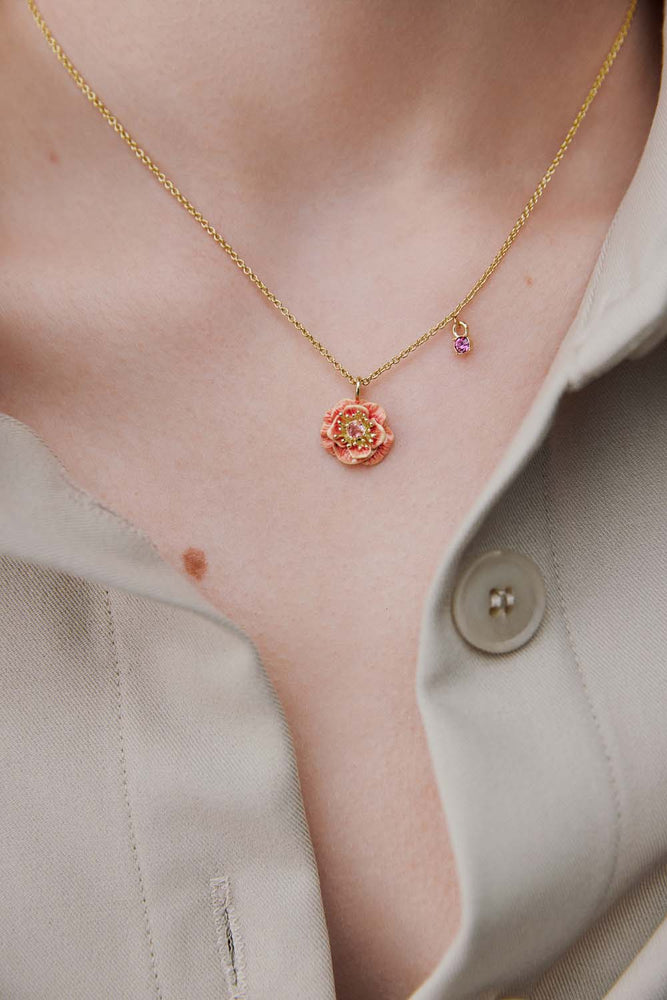 Pink Anemone and Crystal Pendant Necklace