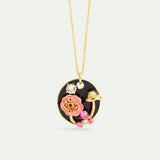 Black Medallion Pendant Necklace with Mushroom, Anemone and Crystals