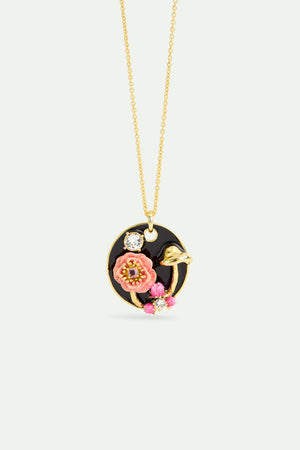 Black Medallion Pendant Necklace with Mushroom, Anemone and Crystals
