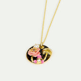 Black Medallion Pendant Necklace with Mushroom, Anemone and Crystals