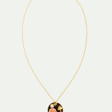 Black Medallion Pendant Necklace with Mushroom, Anemone and Crystals