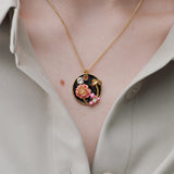 Black Medallion Pendant Necklace with Mushroom, Anemone and Crystals