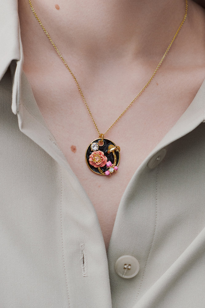 Black Medallion Pendant Necklace with Mushroom, Anemone and Crystals