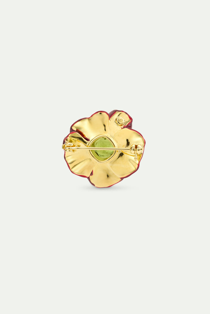 Burgundy Anemone Flower and Green Faceted Stone Brooch