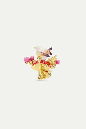 Snow Bunting Brooch with Mushroom, Rosebud and Crystals