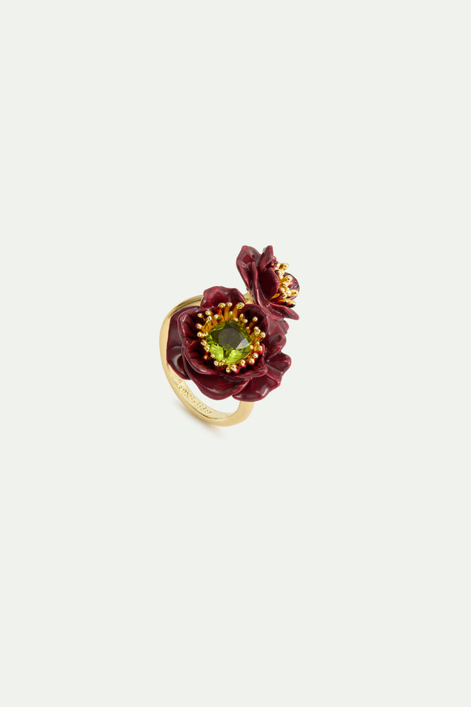 Burgundy Anemone Flower and Green Faceted Stones Adjustable Ring