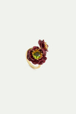 Burgundy Anemone Flower and Green Faceted Stones Adjustable Ring
