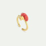 Gold and Red Mushroom and Faceted Crystal Adjustable Ring