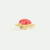 Gold and Red Mushroom and Faceted Crystal Adjustable Ring
