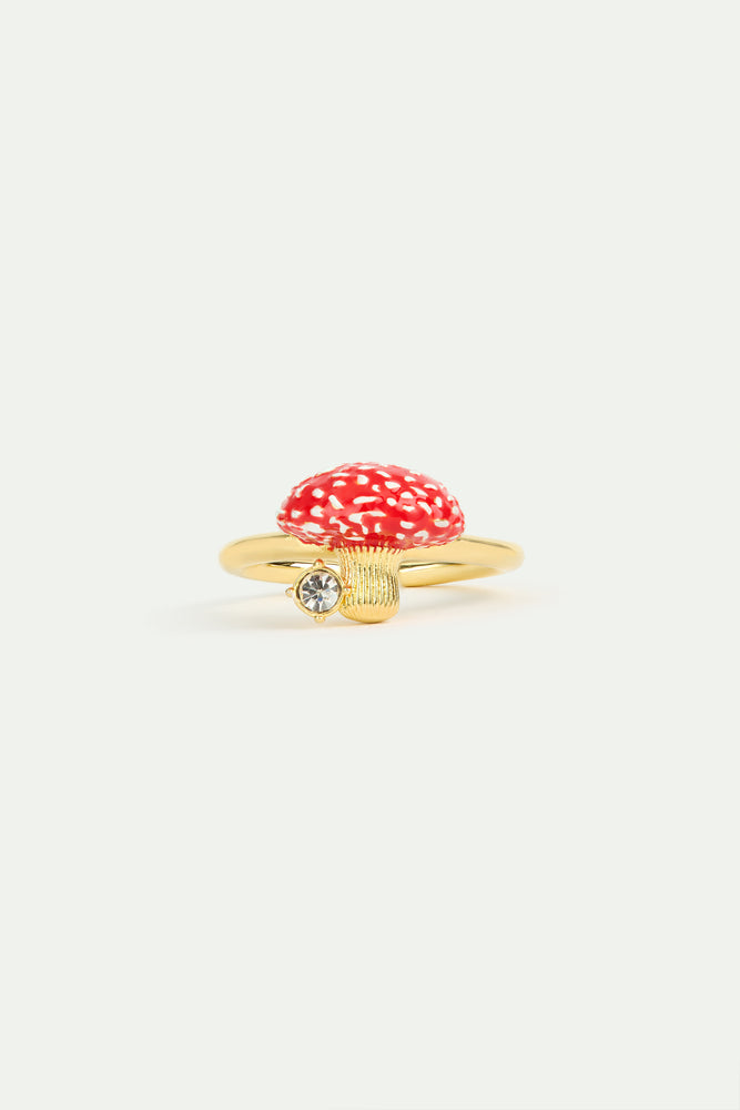 Gold and Red Mushroom and Faceted Crystal Adjustable Ring