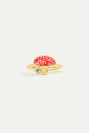 Gold and Red Mushroom and Faceted Crystal Adjustable Ring