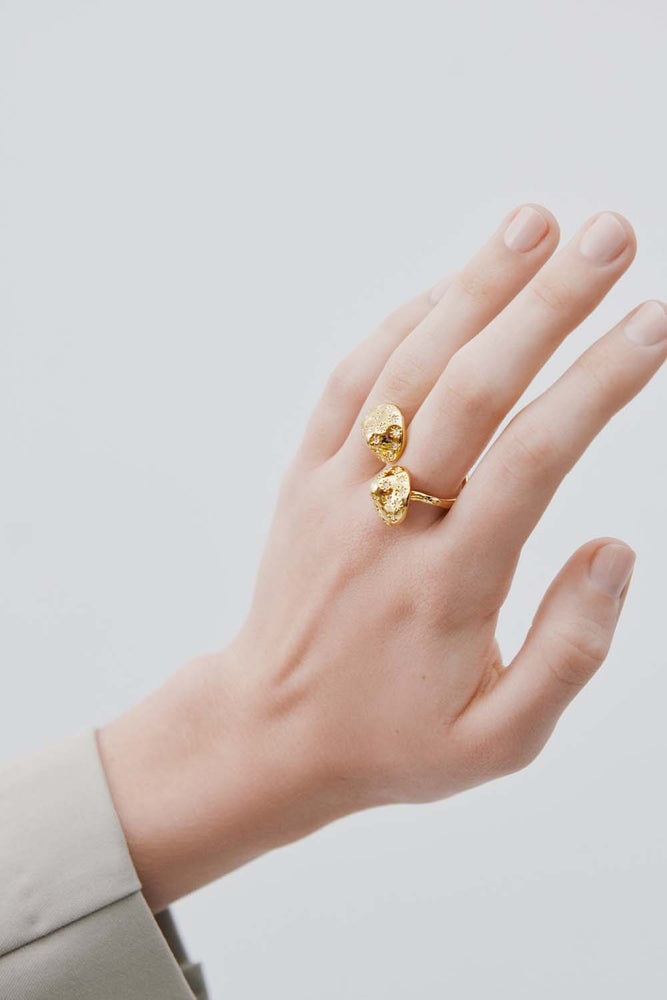 Gold Mushroom and Faceted Crystals Adjustable Ring