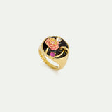 Black Signet Ring with Mushroom, Anemone and Crystals