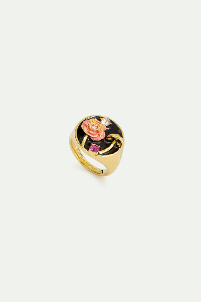 Black Signet Ring with Mushroom, Anemone and Crystals