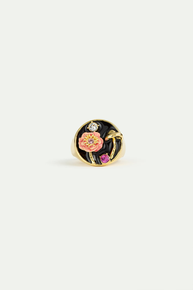 Black Signet Ring with Mushroom, Anemone and Crystals