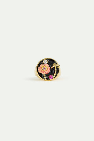 Black Signet Ring with Mushroom, Anemone and Crystals
