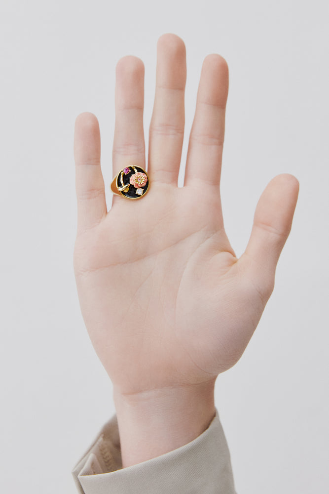 Black Signet Ring with Mushroom, Anemone and Crystals