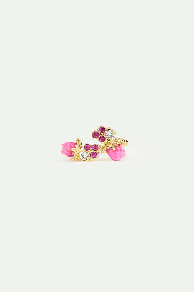 Rosebud and Pink Faceted Crystals Adjustable Ring