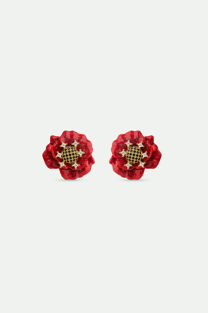 Red Poppy and Cubic Zirconia Clip-On Earrings
