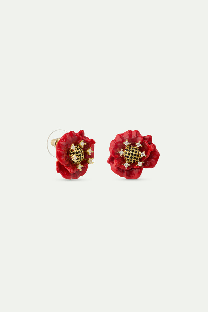 Red Poppy and Cubic Zirconia Post Earrings