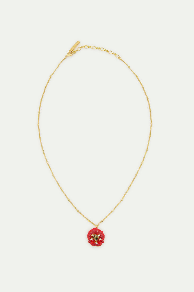 Red Poppy and Cubic Zirconia Pendant Necklace