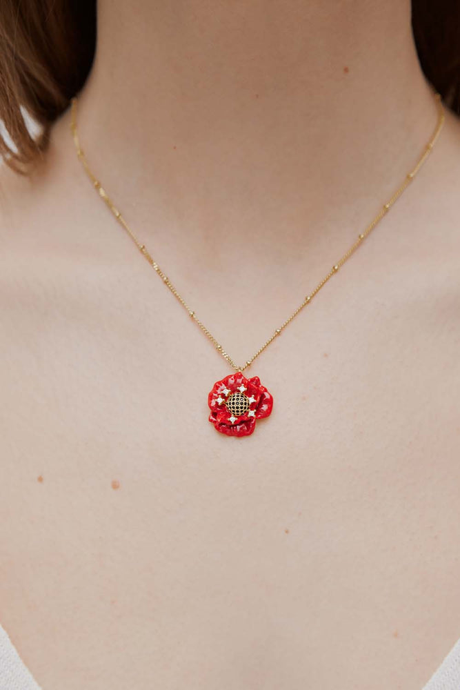 Red Poppy and Cubic Zirconia Pendant Necklace