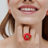 Red Poppy and Cubic Zirconia Ring