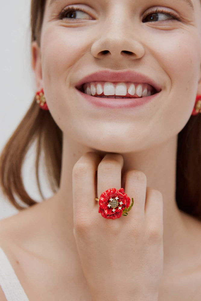 Red Poppy and Cubic Zirconia Ring