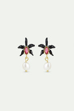Dangle Post Earrings with Black Orchid, Faceted Pink Crystal and Cultured Pearl