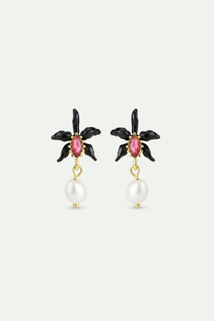 Dangle Post Earrings with Black Orchid, Faceted Pink Crystal and Cultured Pearl