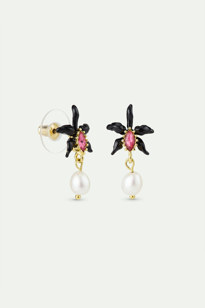 Dangle Post Earrings with Black Orchid, Faceted Pink Crystal and Cultured Pearl