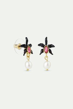 Dangle Post Earrings with Black Orchid, Faceted Pink Crystal and Cultured Pearl