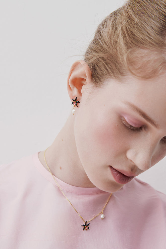 Dangle Post Earrings with Black Orchid, Faceted Pink Crystal and Cultured Pearl