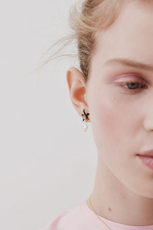 Dangle Post Earrings with Black Orchid, Faceted Pink Crystal and Cultured Pearl
