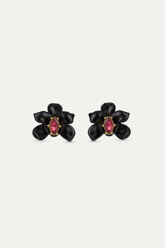 Post Earrings with Black Orchid and Pink Faceted Crystal